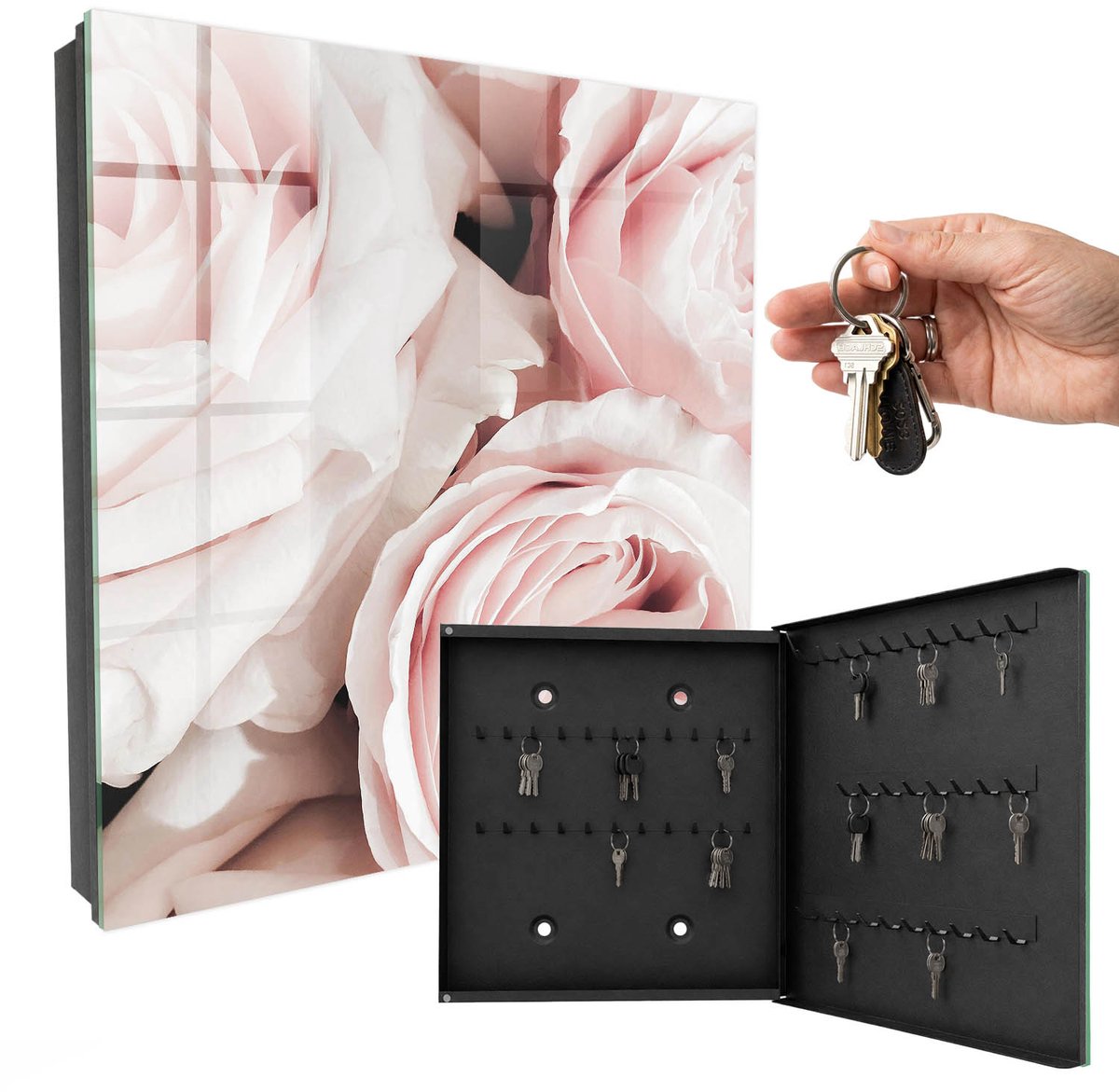 WallMuralia - Sleutelkast - 30x30x5 cm - met 50 haken - Pastel Rozen Design Sleutelkastje - Roze Sleutelbox - Rechtsopenend - Zwart interieur