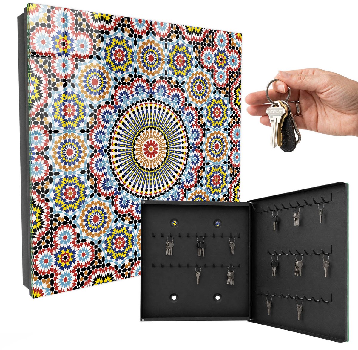 WallMuralia - Sleutelkast - 30x30x5 cm - met 50 haken - Mozaïekpatroon Sleutelkastje Klein - Blauw Sleutelbox - Rechtsopenend - Zwart interieur