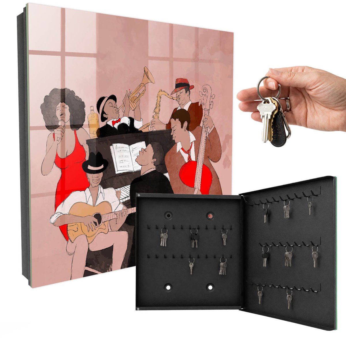 WallMuralia - Sleutelkast - 30x30x5 cm - met 50 haken - Jazzscene Sleutelkastje Hal - Rood Sleutelbox - Rechtsopenend - Zwart interieur