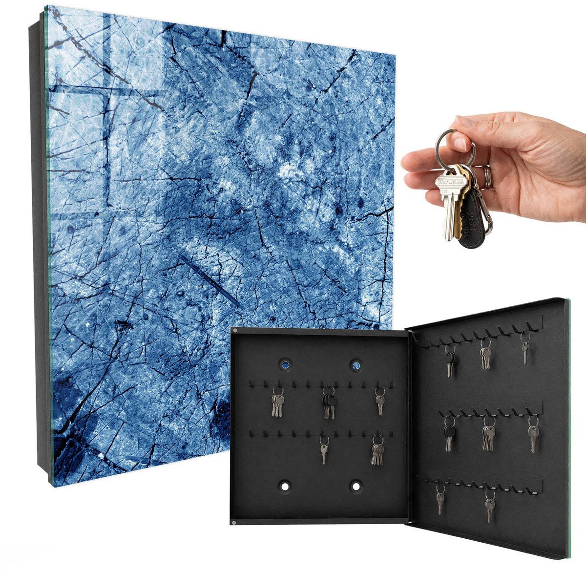 WallMuralia - Sleutelkast - 30x30x5 cm - met 50 haken - Blauwe Textuur Sleutelkastje Voor Binnen - Blauw Sleutelbox - Rechtsopenend - Zwart interieur