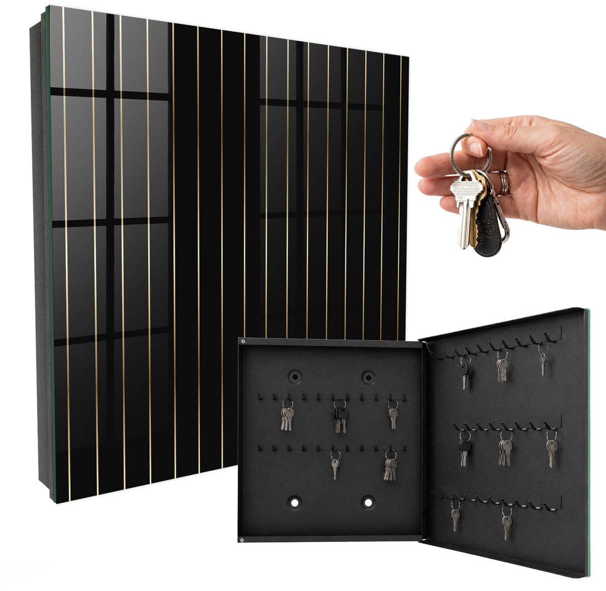 WallMuralia - Sleutelkast - 30x30x5 cm - met 50 haken - Subtiele Lijnen Sleutelkastje Huis - Zwart Sleutelbox - Rechtsopenend - Zwart interieur