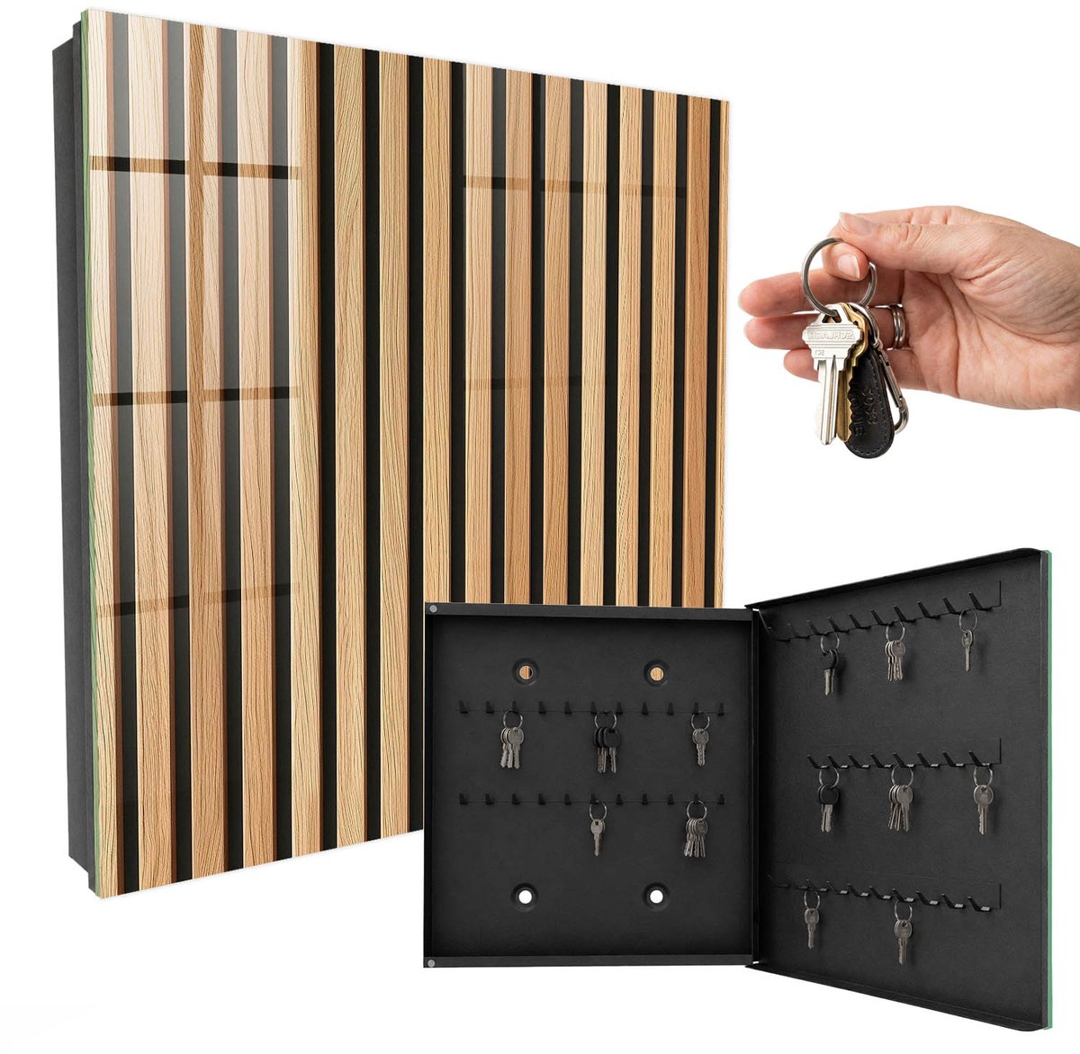 WallMuralia - Sleutelkast - 30x30x5 cm - met 50 haken - Verticale Strepen Sleutelkastje Landelijk - Bruin Sleutelbox - Rechtsopenend - Zwart interieur