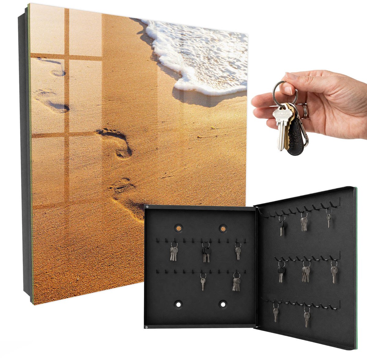 WallMuralia - Sleutelkast - 30x30x5 cm - met 50 haken - De Rust Van Het Strand Sleutelkastje Muur - Geel Sleutelbox - Rechtsopenend - Zwart interieur