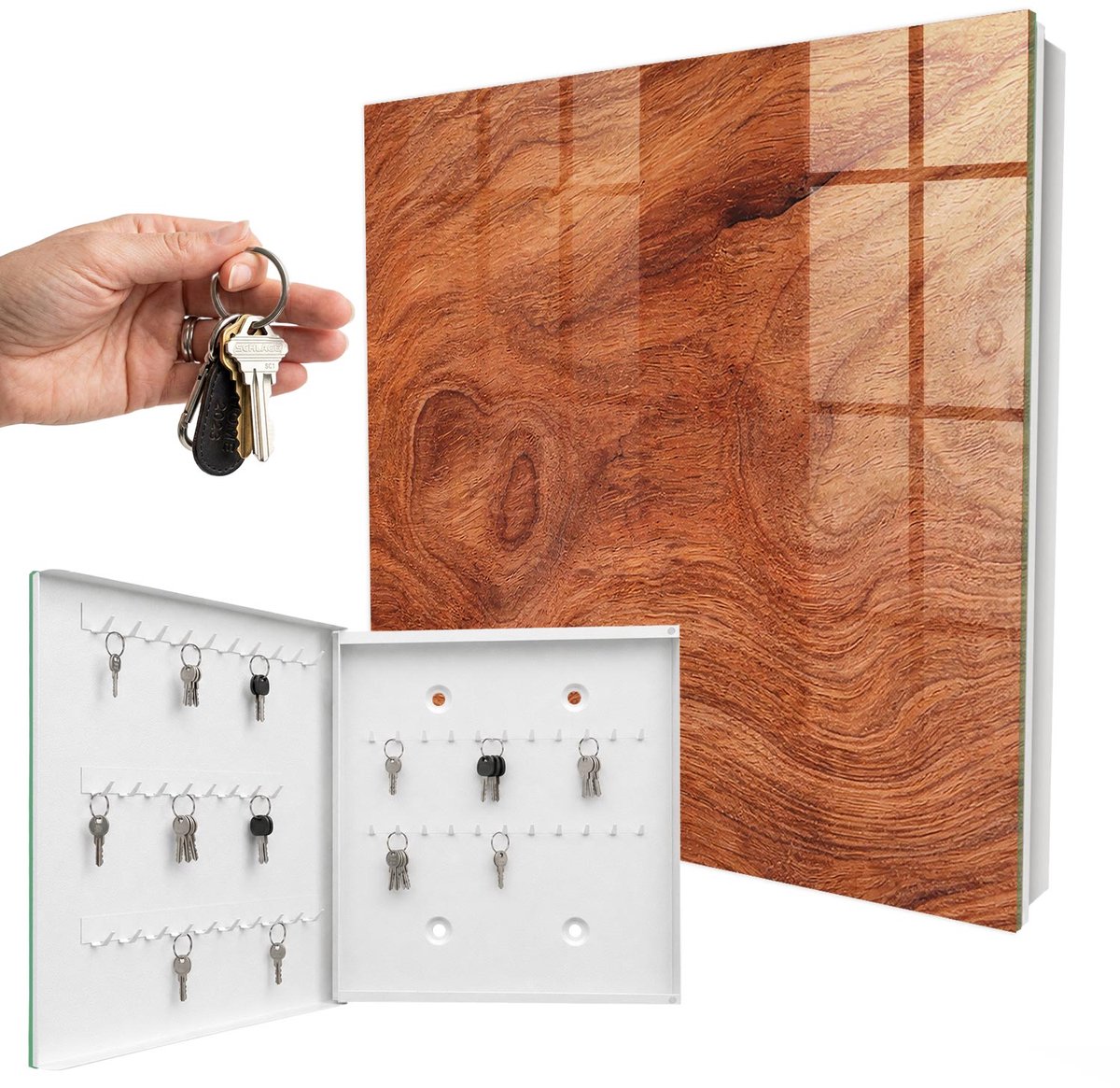 WallMuralia - Sleutelkast - 30x30x5 cm - met 50 haken - Houtstructuur Sleutelkastje Design - Bruin Sleutelbox - Linksopenend - Wit interieur