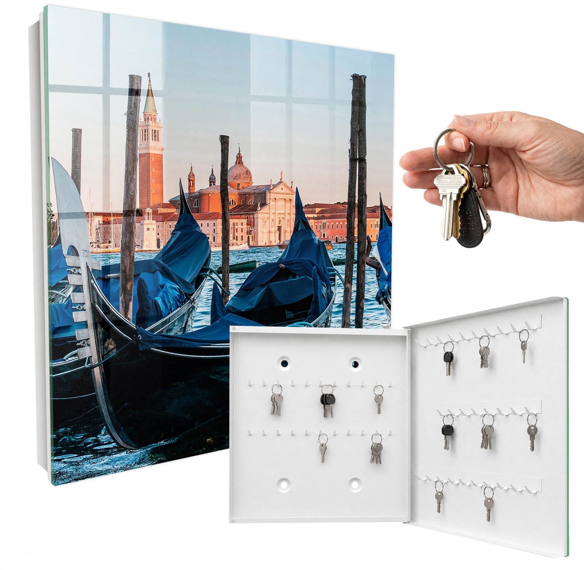 WallMuralia - Sleutelkast - 30x30x5 cm - met 50 haken - Italiaans Landschap Design Sleutelkastje - Blauw Sleutelbox - Rechtsopenend - Wit interieur