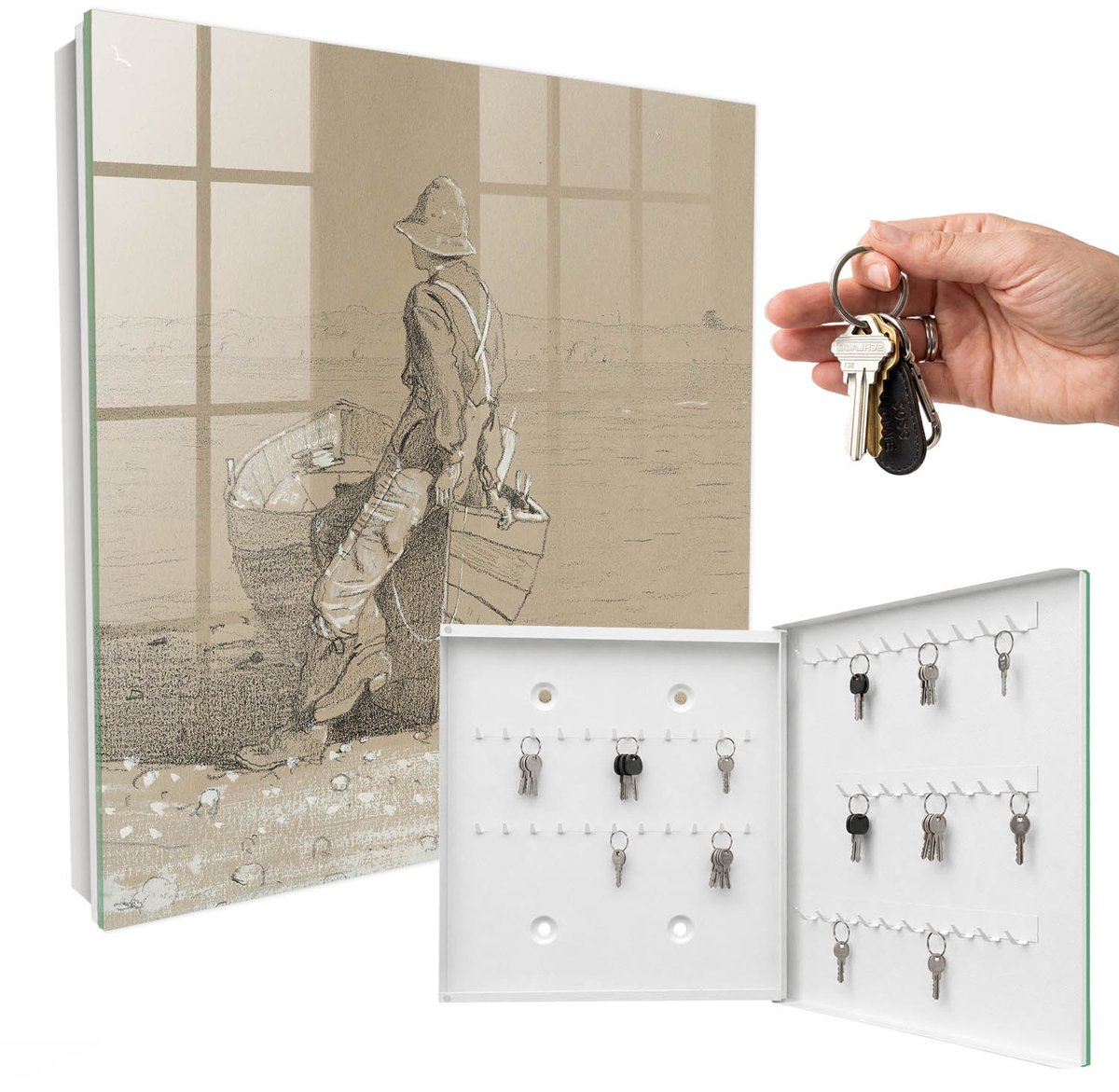 WallMuralia - Sleutelkast - 30x30x5 cm - met 50 haken - Visser Bij Het Meer Sleutelkastje Design - Beige Sleutelbox - Rechtsopenend - Wit interieur