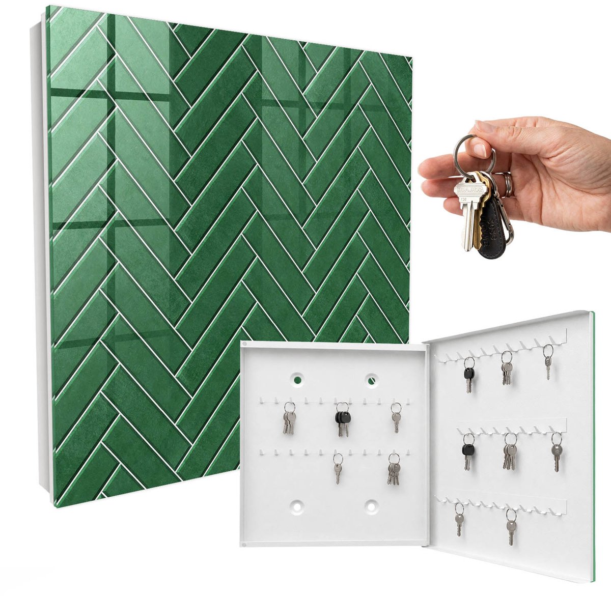 WallMuralia - Sleutelkast - 30x30x5 cm - met 50 haken - Groene Visgraat Sleutelkastje - Groente Sleutelbox - Rechtsopenend - Wit interieur