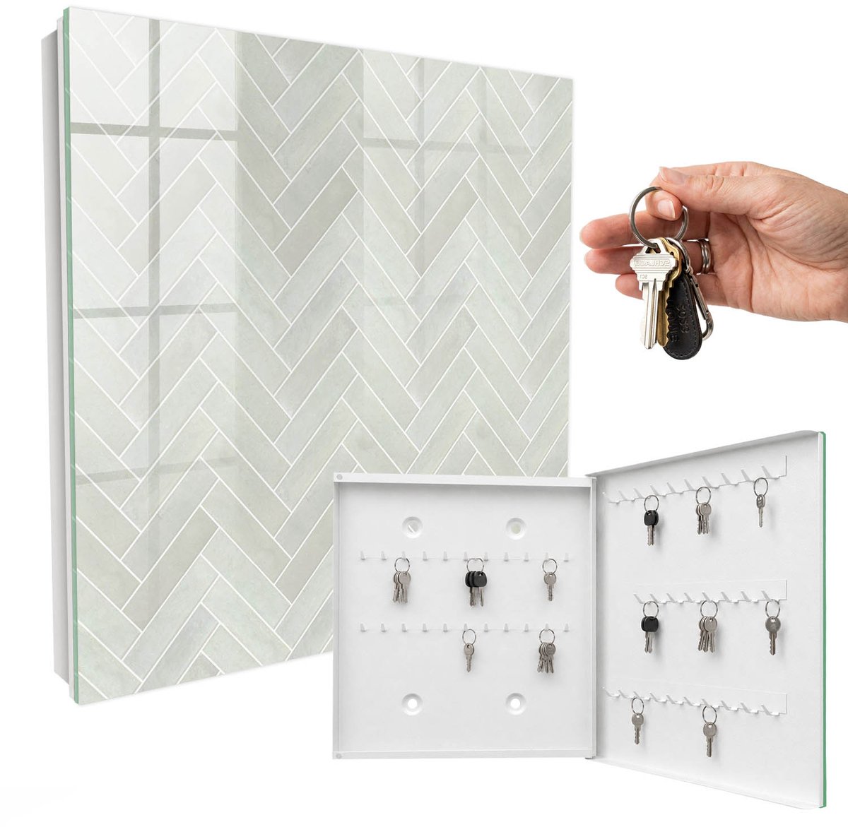 WallMuralia - Sleutelkast - 30x30x5 cm - met 50 haken - Visgraatpatroon Sleutelkastje Landelijk - Grijs Sleutelbox - Rechtsopenend - Wit interieur