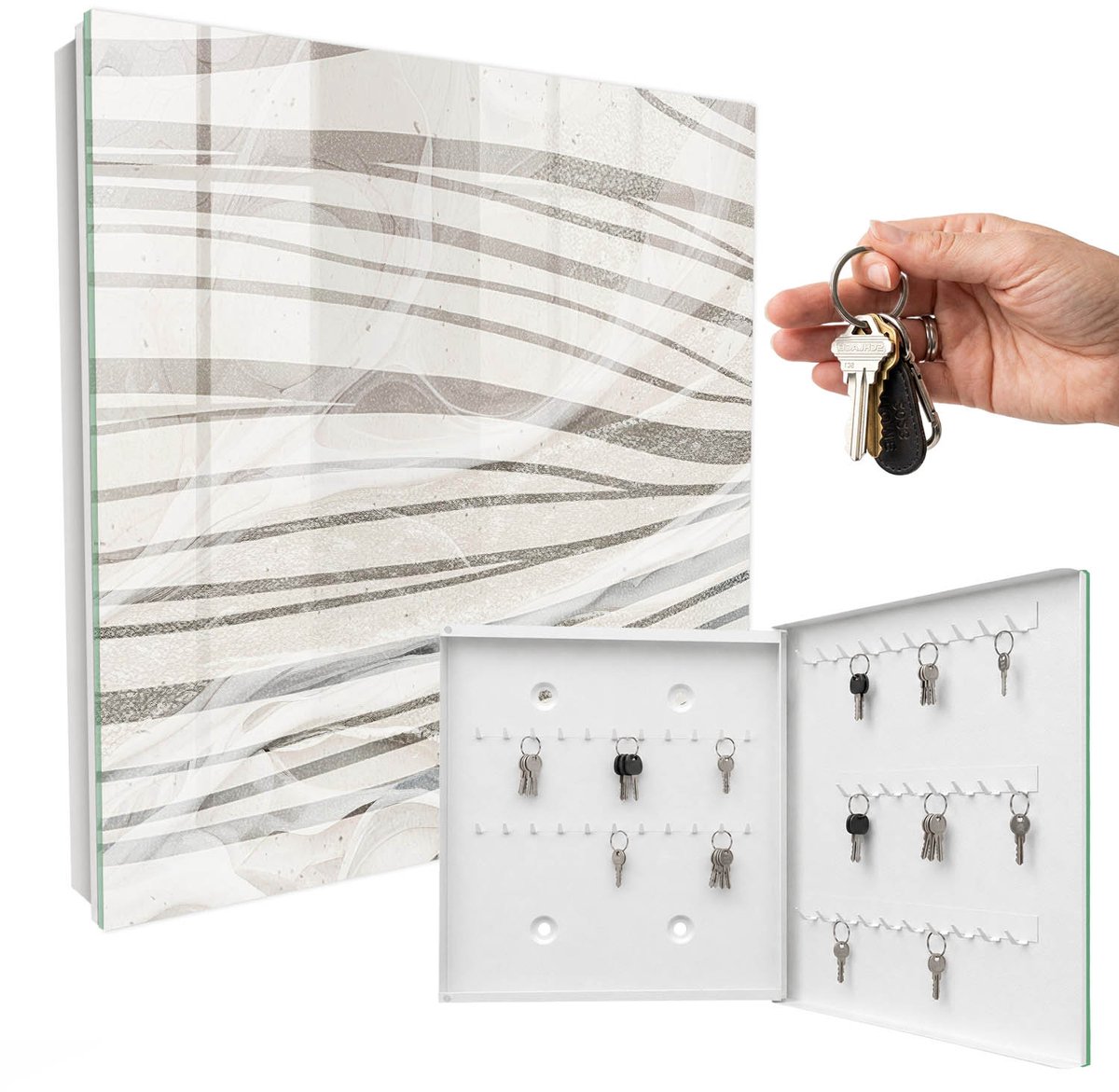 WallMuralia - Sleutelkast - 30x30x5 cm - met 50 haken - Golven Van Grijs Sleutelkastje Klein - Grijs Sleutelbox - Rechtsopenend - Wit interieur