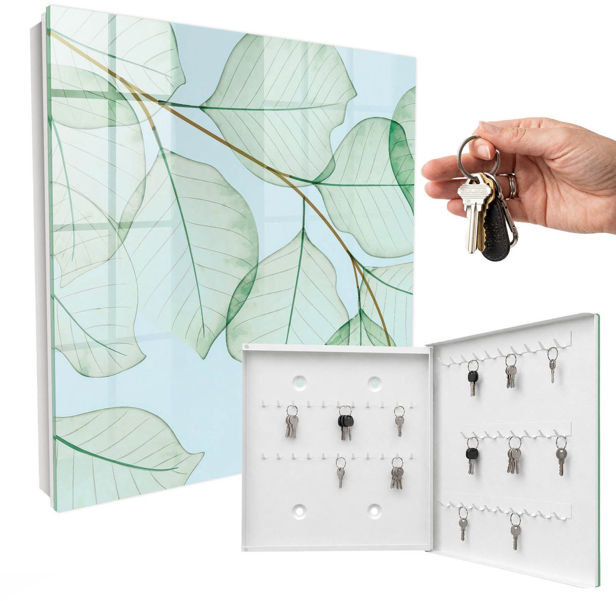 WallMuralia - Sleutelkast - 30x30x5 cm - met 50 haken - Groene Bladeren Leuk Sleutelkastje - Groente Sleutelbox - Rechtsopenend - Wit interieur