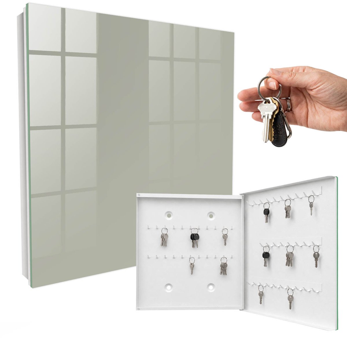 WallMuralia - Sleutelkast - 30x30x5 cm - met 50 haken - Neutraal Grijs Design Sleutelkastje - Grijs Sleutelbox - Rechtsopenend - Wit interieur