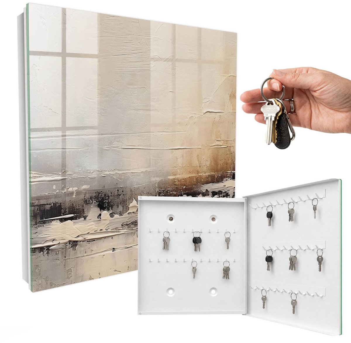 WallMuralia - Sleutelkast - 30x30x5 cm - met 50 haken - Abstracte Landschapsschilderkunst Sleutelkastje Gang - Beige Sleutelbox - Rechtsopenend - Wit interieur