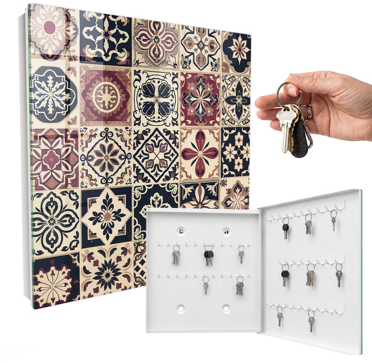 WallMuralia - Sleutelkast - 30x30x5 cm - met 50 haken - Klassieke Patronen Sleutelkastje Landelijk - Beige Sleutelbox - Rechtsopenend - Wit interieur