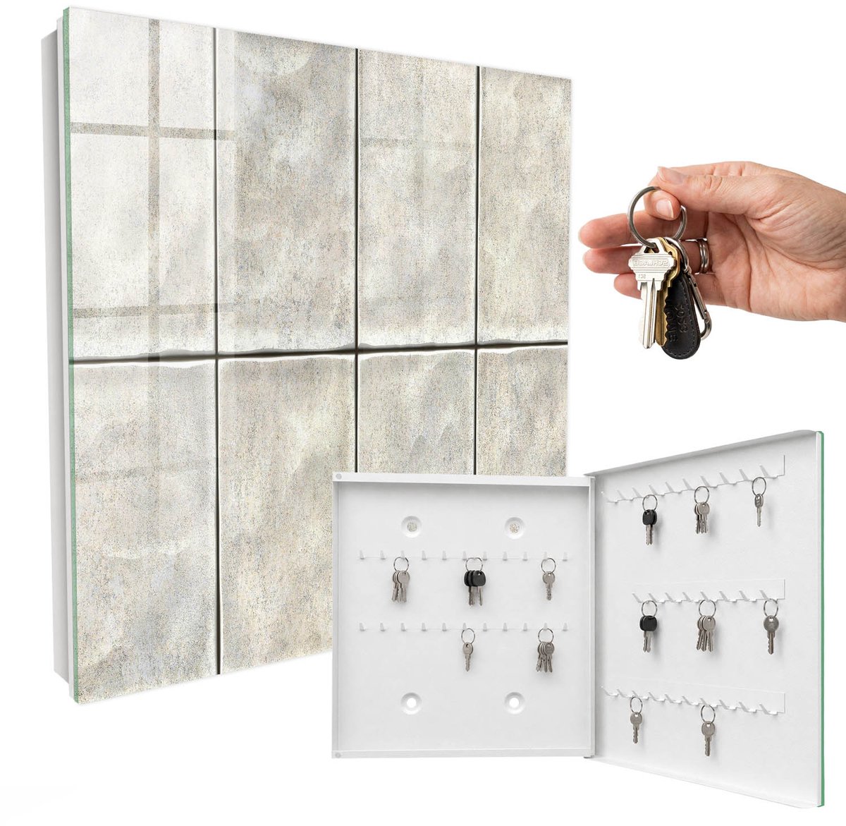 WallMuralia - Sleutelkast - 30x30x5 cm - met 50 haken - Moderne Elegantie Sleutelkastje Landelijk - Beige Sleutelbox - Rechtsopenend - Wit interieur