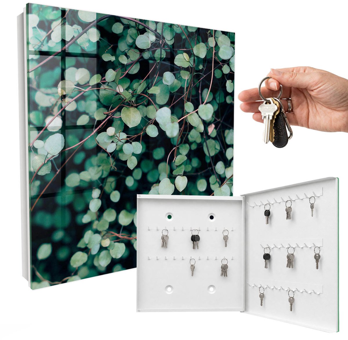 WallMuralia - Sleutelkast - 30x30x5 cm - met 50 haken - Groene Bladeren Sleutelkastje Design - Groente Sleutelbox - Rechtsopenend - Wit interieur