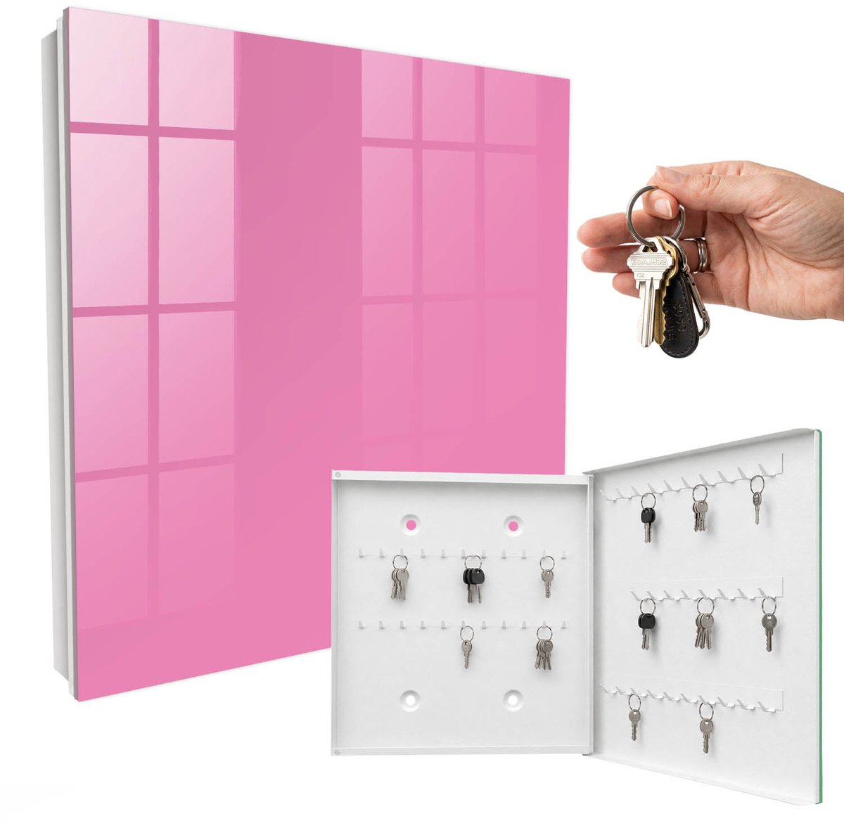 WallMuralia - Sleutelkast - 30x30x5 cm - met 50 haken - Koel Roze Sleutelkastje Landelijk - Roze Sleutelbox - Rechtsopenend - Wit interieur