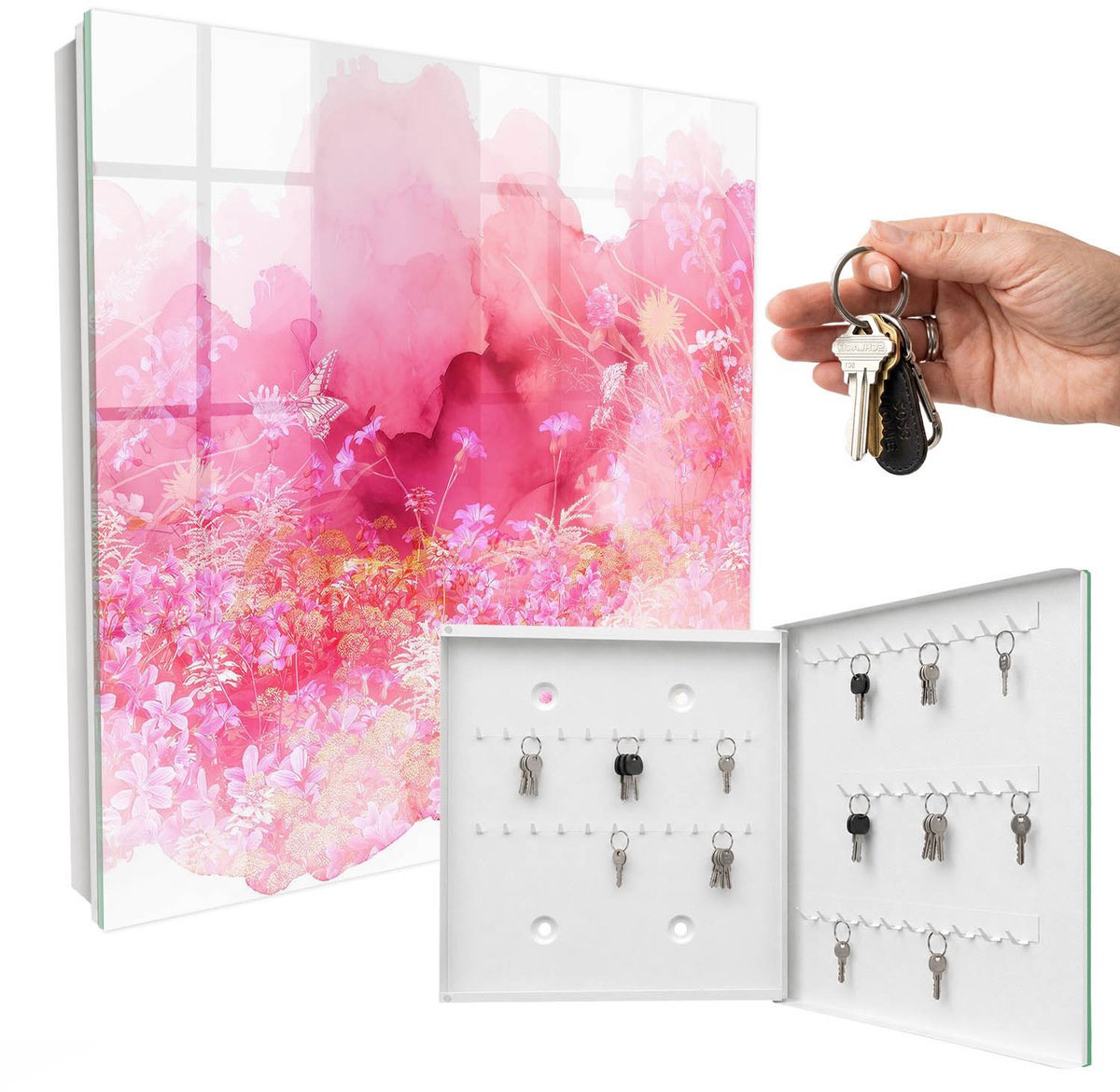 WallMuralia - Sleutelkast - 30x30x5 cm - met 50 haken - Bloemenlandschap Groot Sleutelkastje - Roze Sleutelbox - Rechtsopenend - Wit interieur