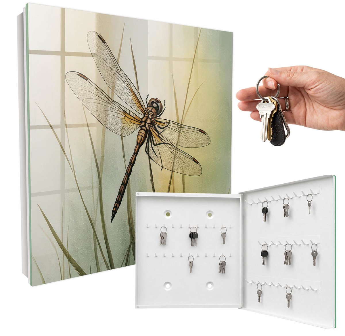 WallMuralia - Sleutelkast - 30x30x5 cm - met 50 haken - Libel Natuur Sleutelkastje Klein - Groente Sleutelbox - Rechtsopenend - Wit interieur