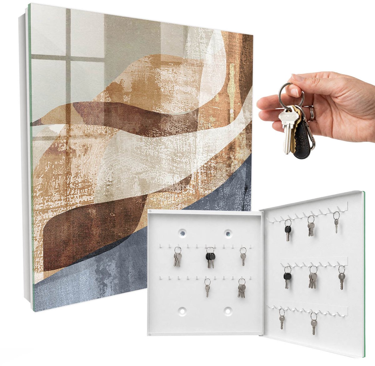 WallMuralia - Sleutelkast - 30x30x5 cm - met 50 haken - Organische Vormen Design Sleutelkastje - Bruin Sleutelbox - Rechtsopenend - Wit interieur