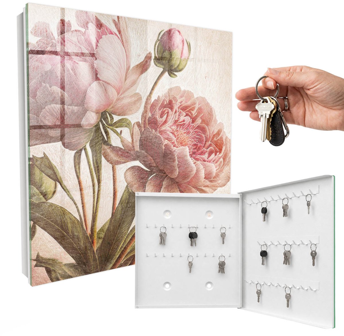 WallMuralia - Sleutelkast - 30x30x5 cm - met 50 haken - Romantische Plantkunde Sleutelkastje Binnen - Roze Sleutelbox - Rechtsopenend - Wit interieur