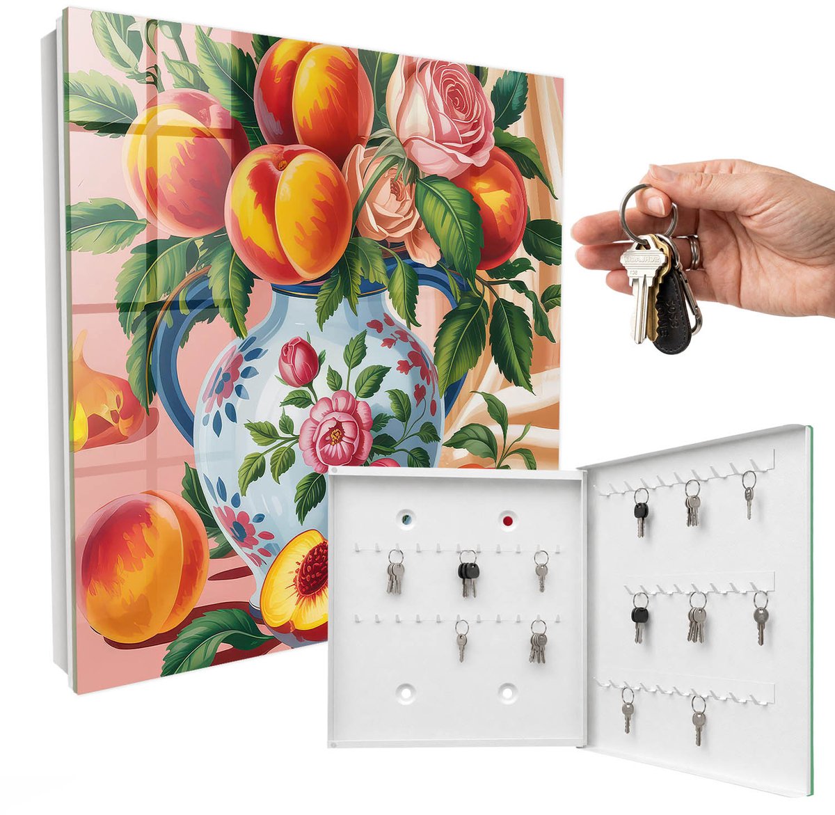 WallMuralia - Sleutelkast - 30x30x5 cm - met 50 haken - Stilleven Sleutelkastje - Oranje Sleutelbox - Rechtsopenend - Wit interieur