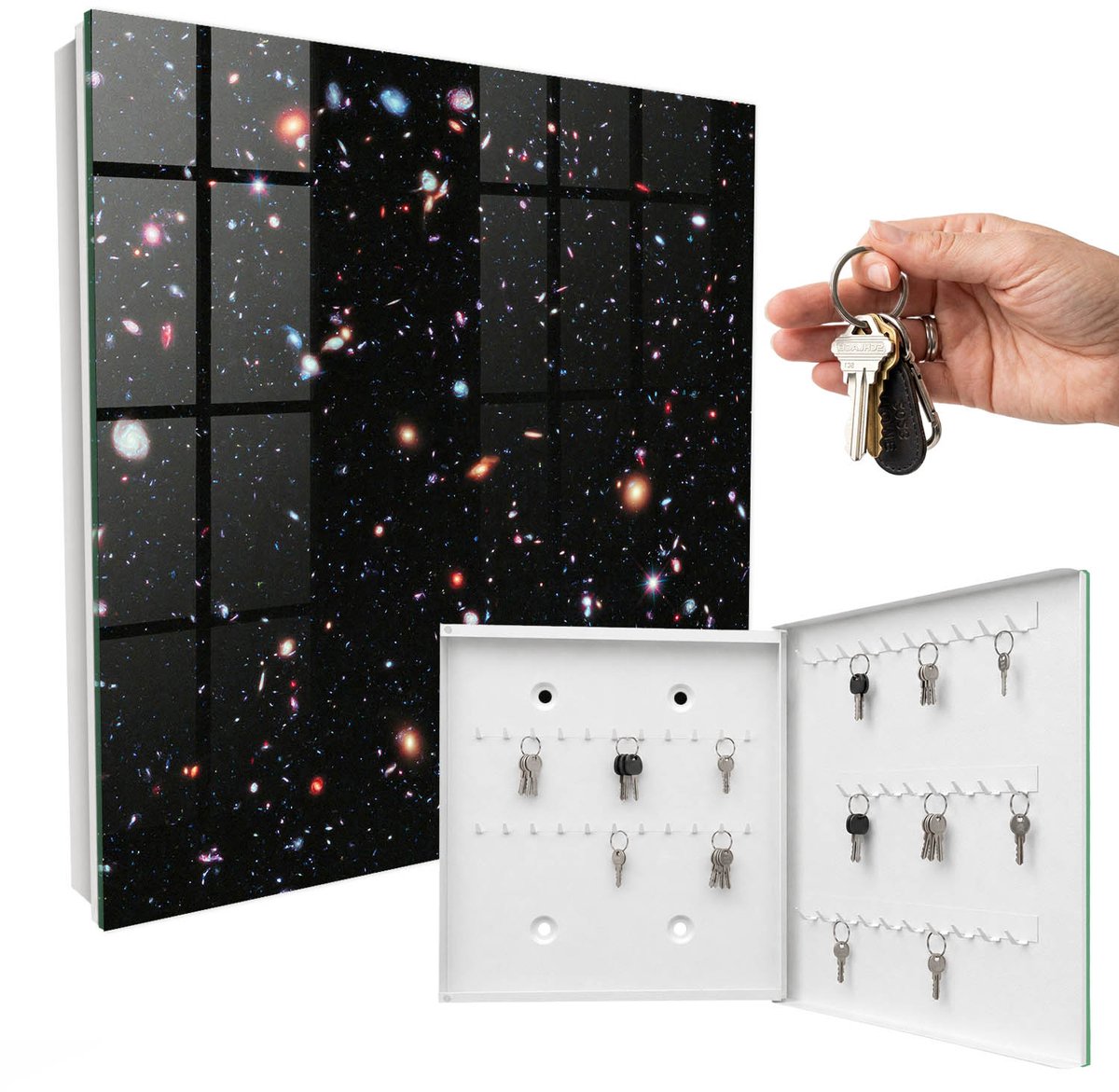 WallMuralia - Sleutelkast - 30x30x5 cm - met 50 haken - Kleurrijke Ruimte Sleutelkastje Hal - Zwart Sleutelbox - Rechtsopenend - Wit interieur