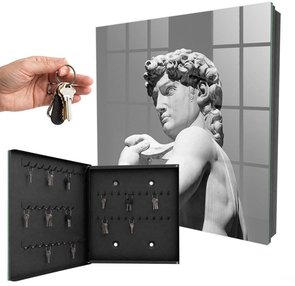 WallMuralia - Sleutelkast - 30x30x5 cm - met 50 haken - Klassieke Elegantie Sleutelkastje Voor Binnen - Grijs Sleutelbox - Linksopenend - Zwart interieur