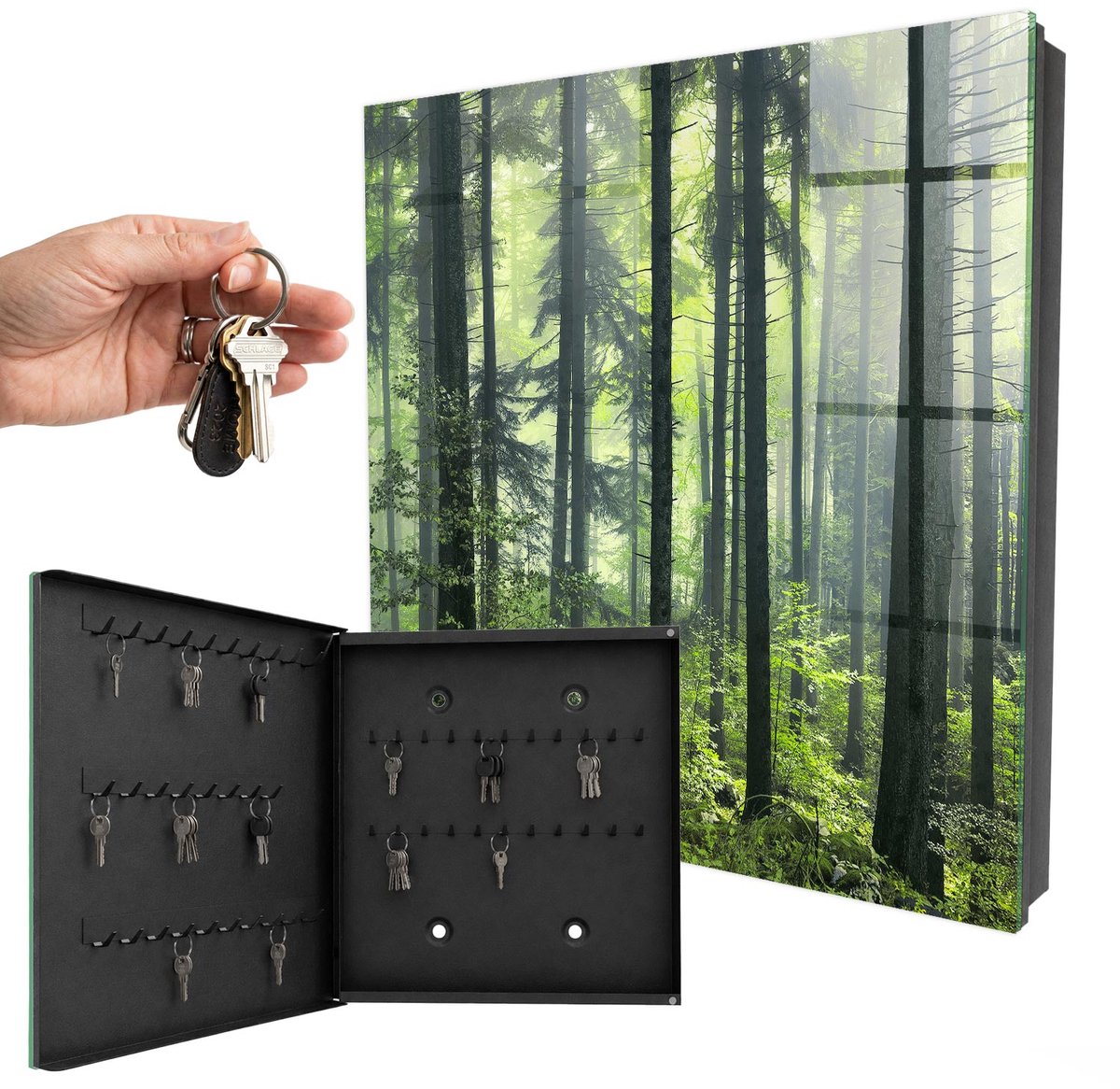 WallMuralia - Sleutelkast - 30x30x5 cm - met 50 haken - Groen Bos Sleutelkastje Landelijk - Groente Sleutelbox - Linksopenend - Zwart interieur
