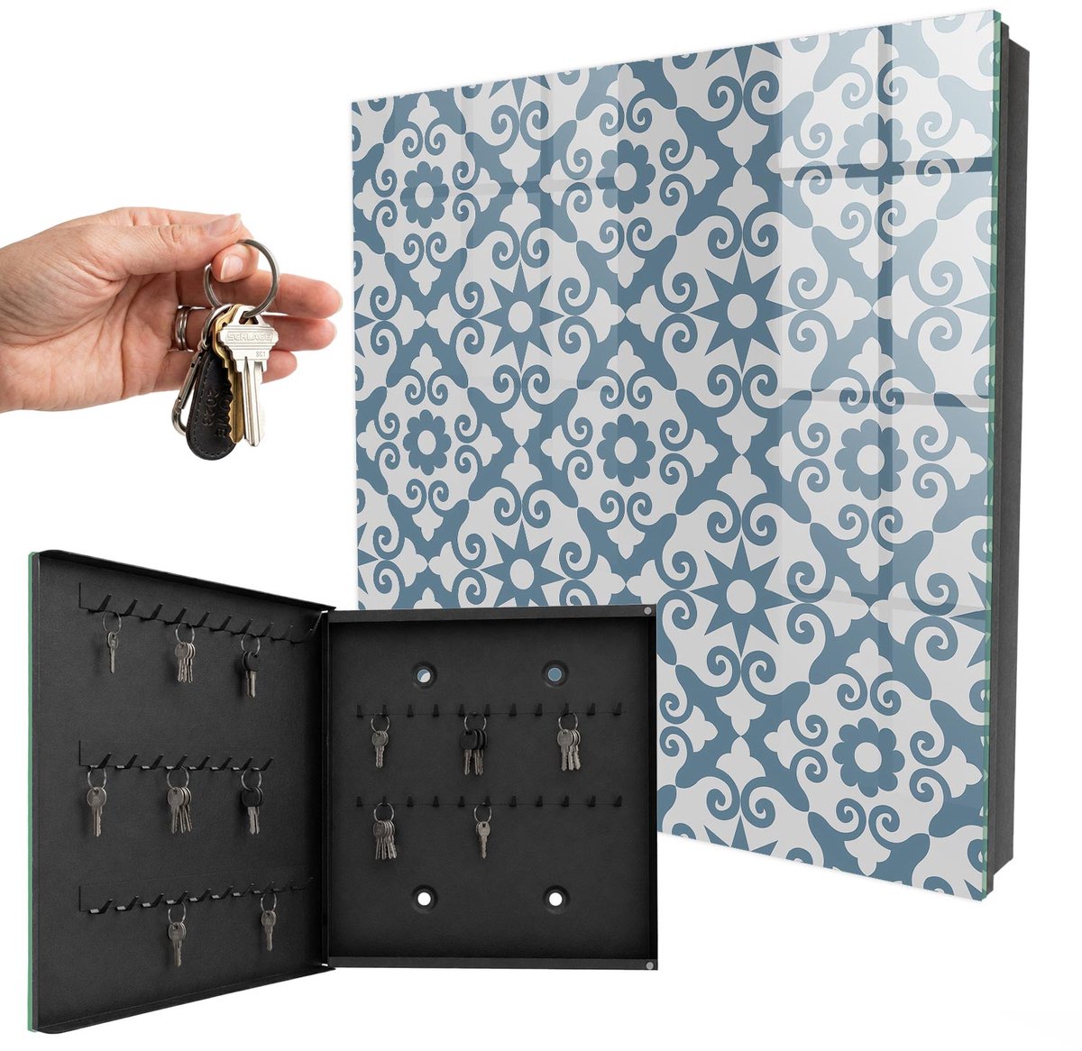 WallMuralia - Sleutelkast - 30x30x5 cm - met 50 haken - Geometrische Elegantie Sleutelkastje Muur - Grijs Sleutelbox - Linksopenend - Zwart interieur