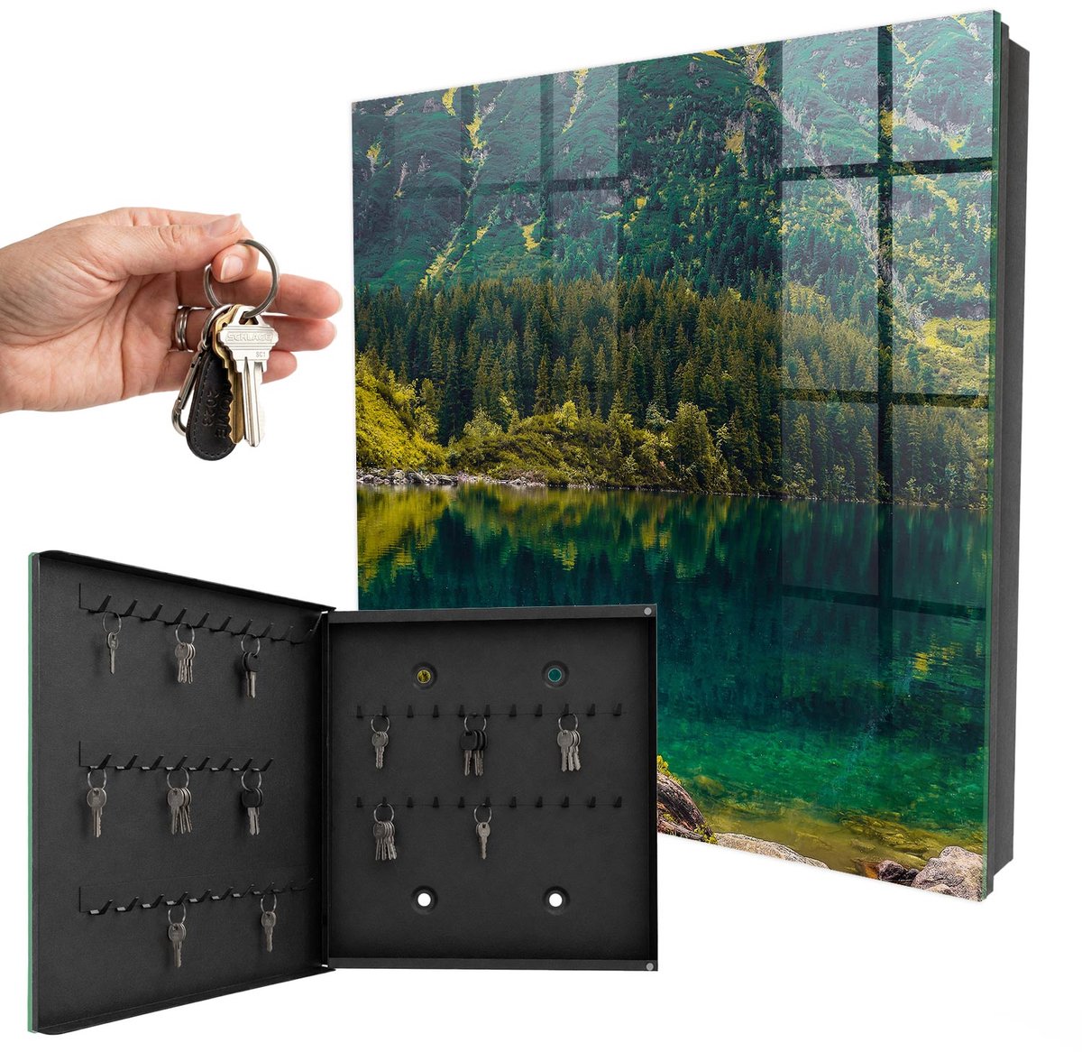 WallMuralia - Sleutelkast - 30x30x5 cm - met 50 haken - Idylle In De Bergen Sleutelkastje Hal - Groente Sleutelbox - Linksopenend - Zwart interieur