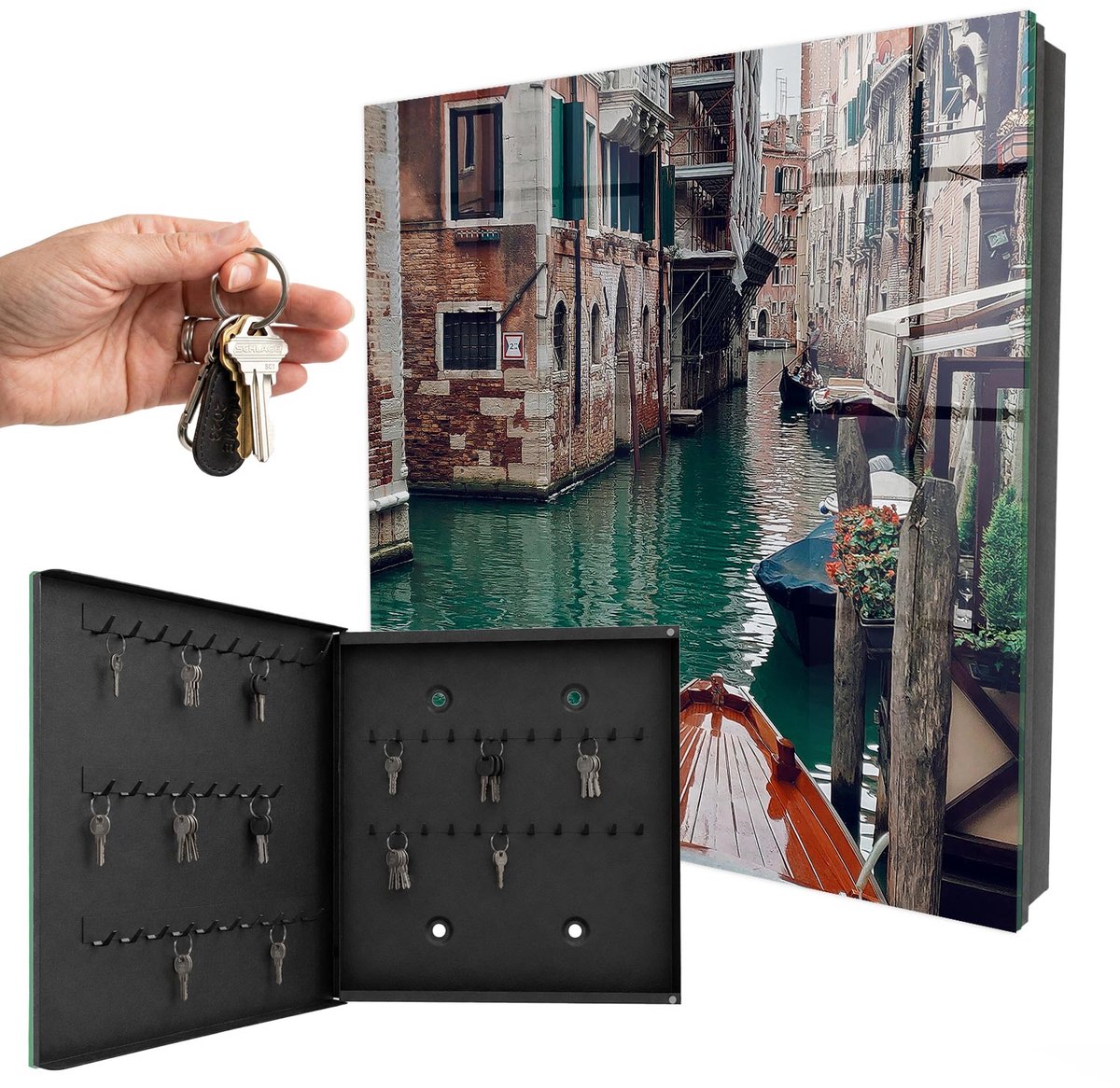 WallMuralia - Sleutelkast - 30x30x5 cm - met 50 haken - Romantisch Venetië Design Sleutelkastje - Bruin Sleutelbox - Linksopenend - Zwart interieur