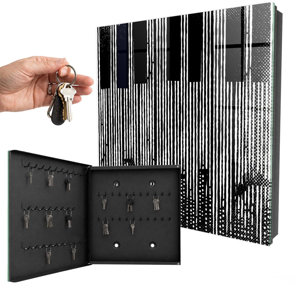 WallMuralia - Sleutelkast - 30x30x5 cm - met 50 haken - Geometrische Lijnen Sleutelkastje - Zwart-Wit Sleutelbox - Linksopenend - Zwart interieur