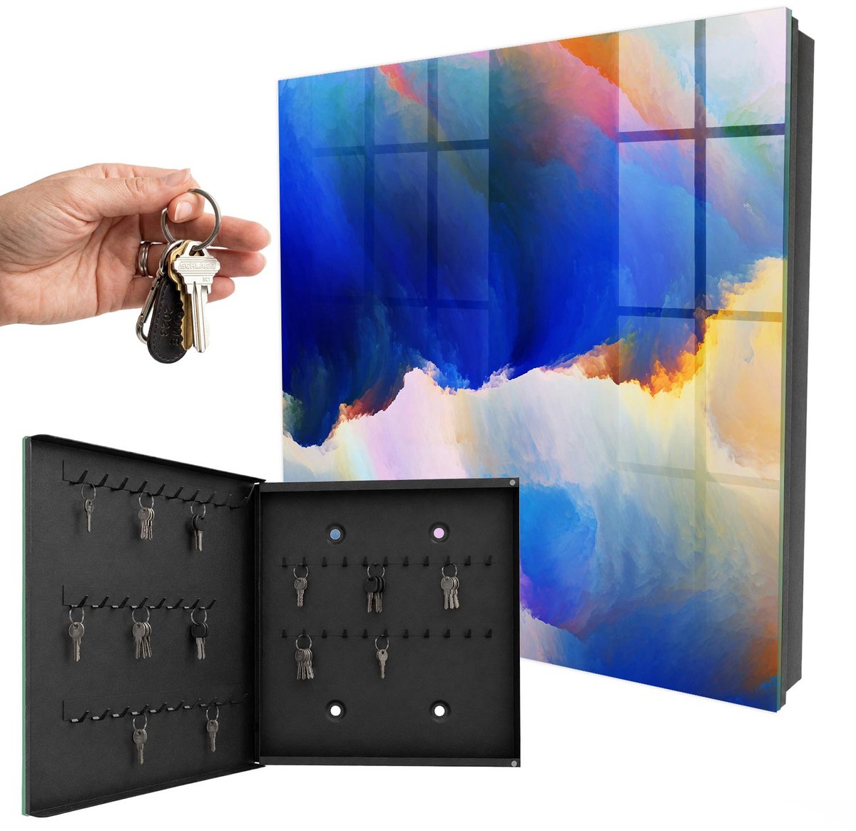 WallMuralia - Sleutelkast - 30x30x5 cm - met 50 haken - Kleurenexplosie Sleutelkastje Modern - Blauw Sleutelbox - Linksopenend - Zwart interieur
