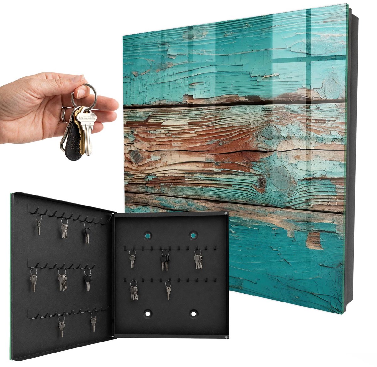 WallMuralia - Sleutelkast - 30x30x5 cm - met 50 haken - Turkoois Hout Sleutelkastje Binnen - Turkoois Sleutelbox - Linksopenend - Zwart interieur