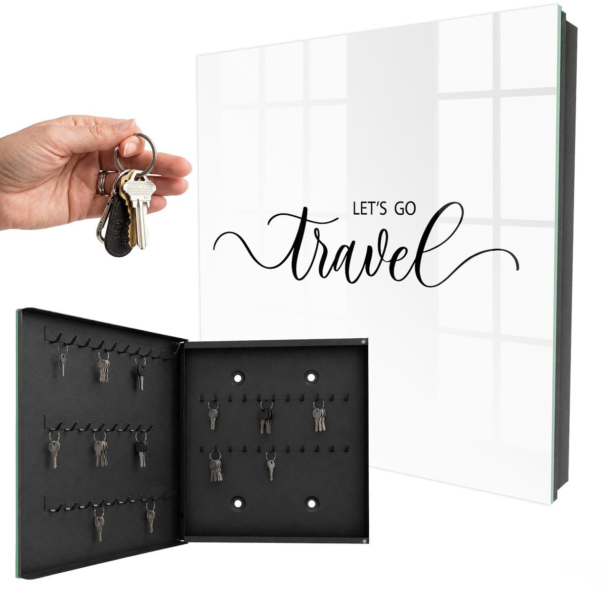 WallMuralia - Sleutelkast - 30x30x5 cm - met 50 haken - Droomreis Sleutelkastje Klein - Zwart-Wit Sleutelbox - Linksopenend - Zwart interieur