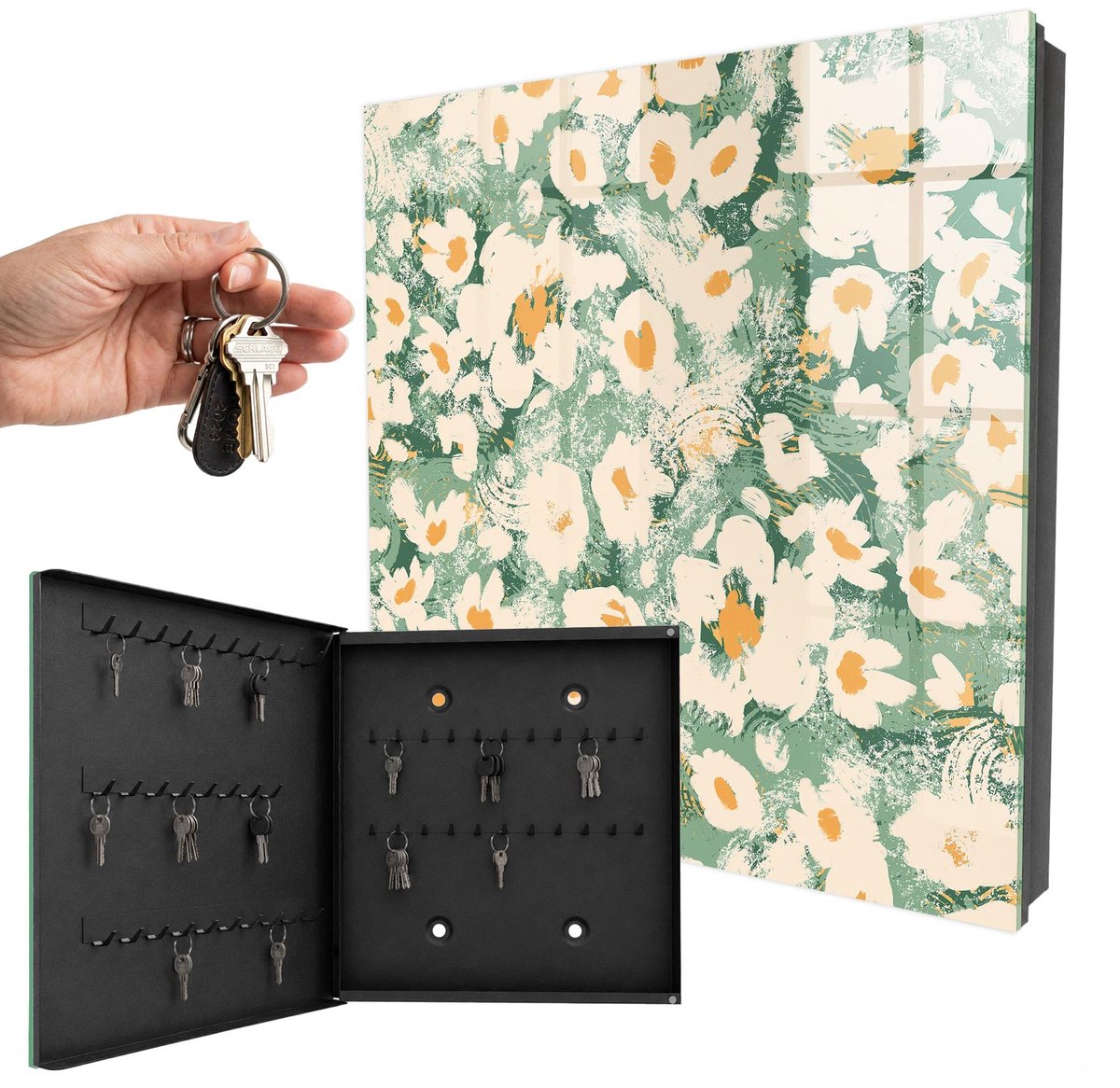 WallMuralia - Sleutelkast - 30x30x5 cm - met 50 haken - Bloemenpatroon Sleutelkastje Industrieel - Groente Sleutelbox - Linksopenend - Zwart interieur