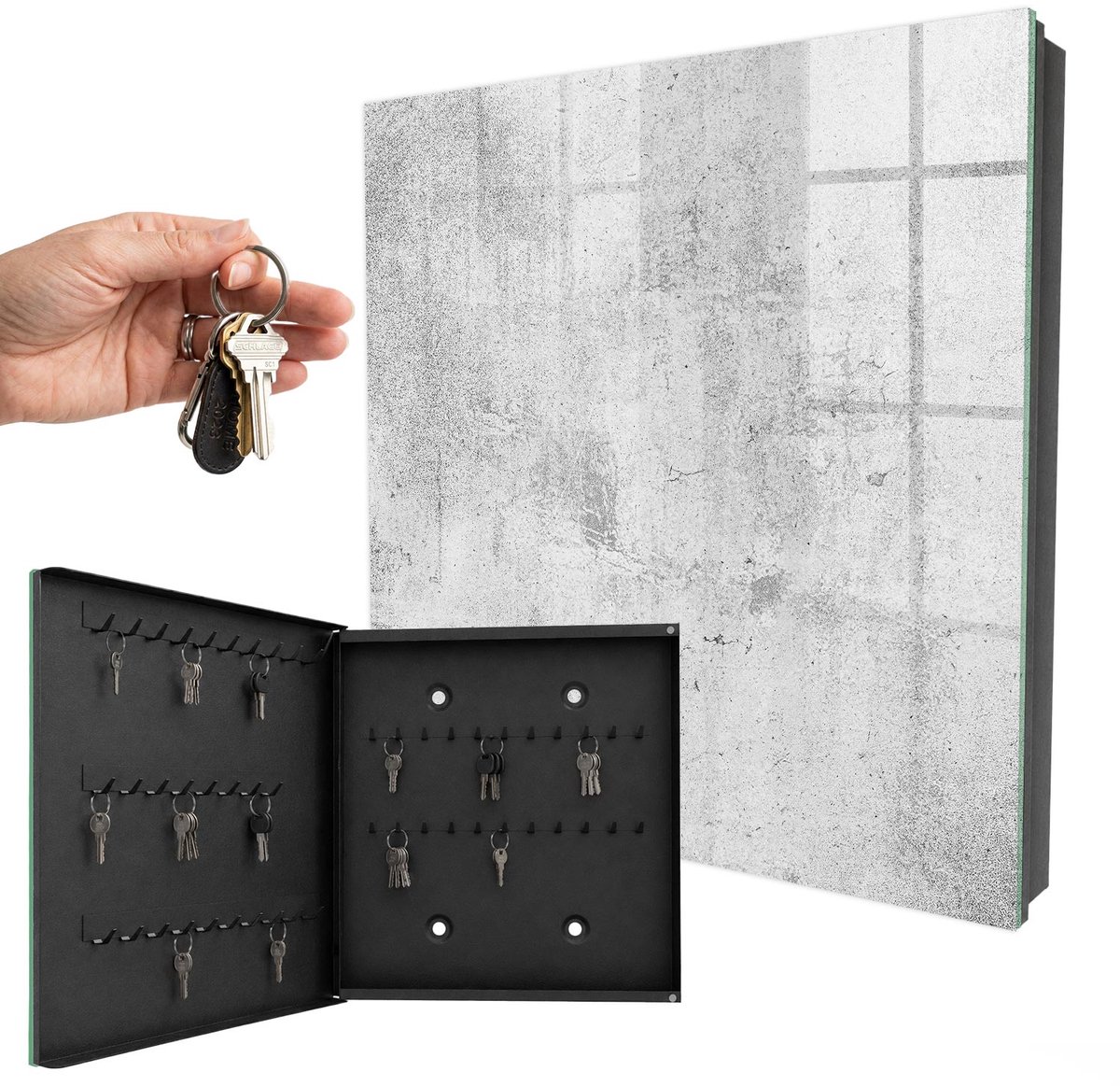 WallMuralia - Sleutelkast - 30x30x5 cm - met 50 haken - Rauwe Elegantie Groot Sleutelkastje - Grijs Sleutelbox - Linksopenend - Zwart interieur