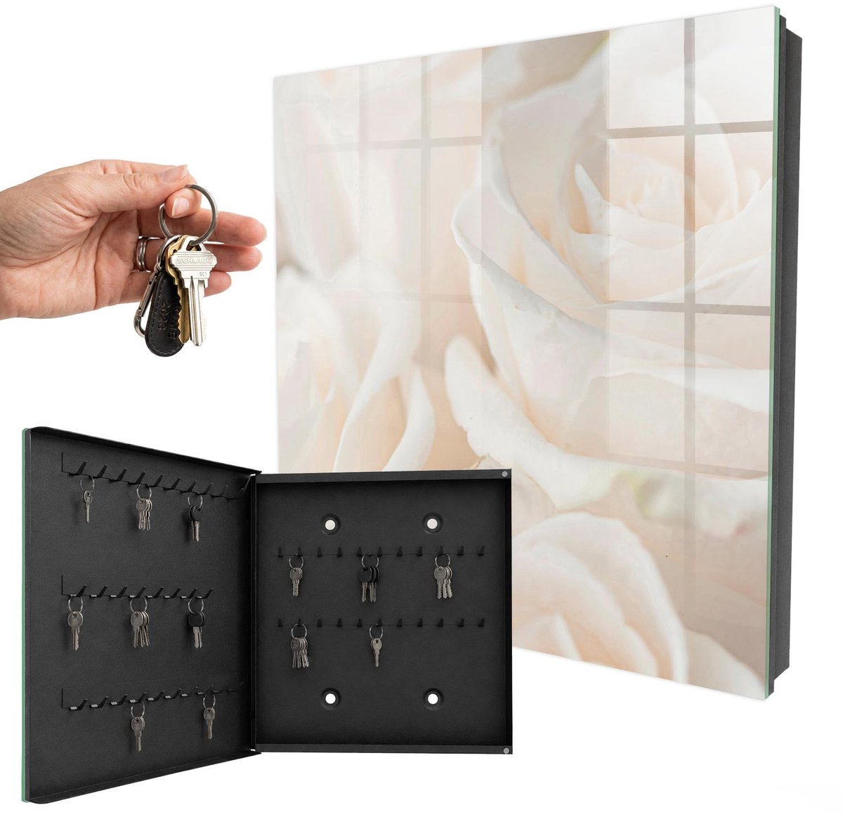 WallMuralia - Sleutelkast - 30x30x5 cm - met 50 haken - Crème Rozen Sleutelkastje Klein - Romig Sleutelbox - Linksopenend - Zwart interieur