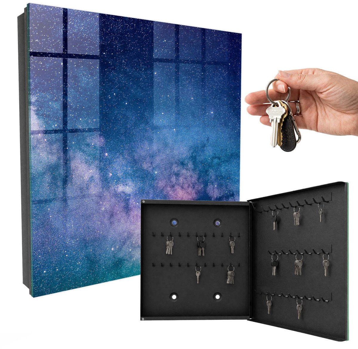 WallMuralia - Sleutelkast - 30x30x5 cm - met 50 haken - Kosmische Nacht Sleutelkastje Hal - Blauw Sleutelbox - Rechtsopenend - Zwart interieur