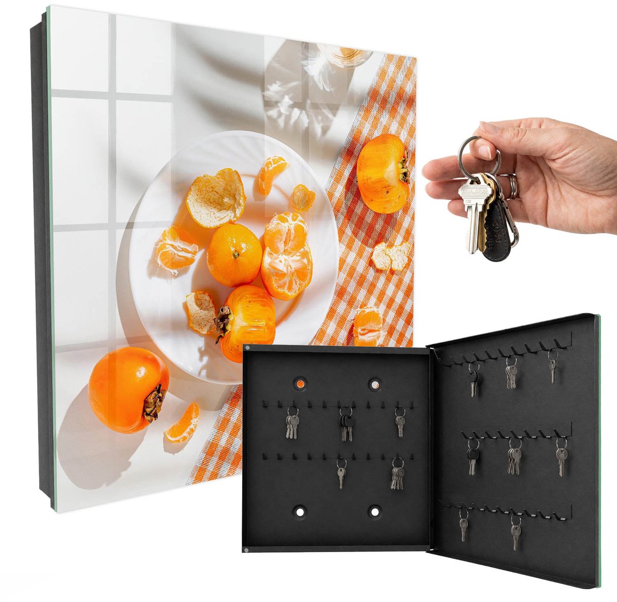 WallMuralia - Sleutelkast - 30x30x5 cm - met 50 haken - Sappig Fruit Sleutelkastje Gang - Oranje Sleutelbox - Rechtsopenend - Zwart interieur