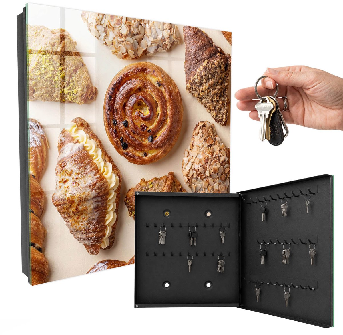 WallMuralia - Sleutelkast - 30x30x5 cm - met 50 haken - Zoete Lekkernijen Leuk Sleutelkastje - Bruin Sleutelbox - Rechtsopenend - Zwart interieur