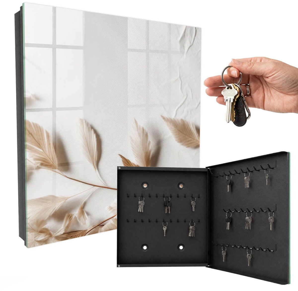 WallMuralia - Sleutelkast - 30x30x5 cm - met 50 haken - Subtiele Natuur Sleutelkastje Landelijk - Beige Sleutelbox - Rechtsopenend - Zwart interieur