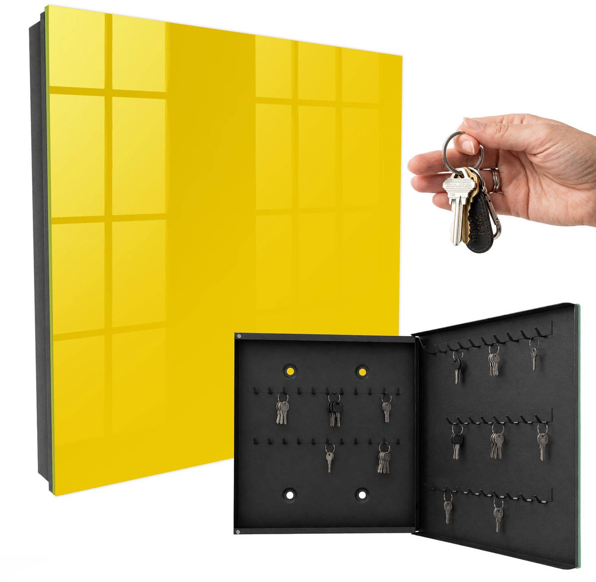 WallMuralia - Sleutelkast - 30x30x5 cm - met 50 haken - Intens Geel Groot Sleutelkastje - Geel Sleutelbox - Rechtsopenend - Zwart interieur