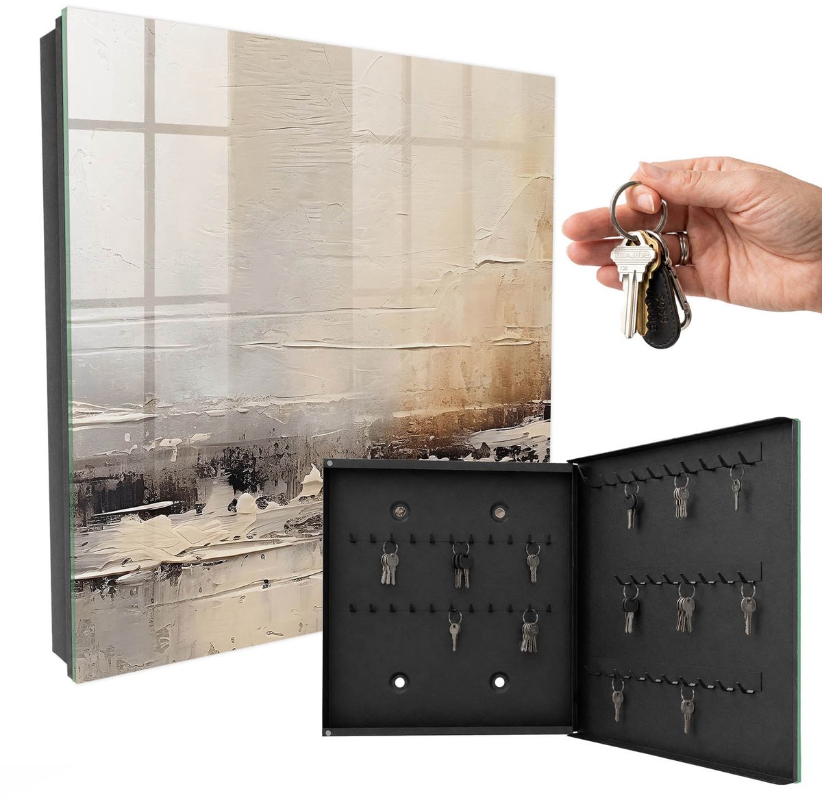 WallMuralia - Sleutelkast - 30x30x5 cm - met 50 haken - Abstracte Landschapsschilderkunst Sleutelkastje Hal - Beige Sleutelbox - Rechtsopenend - Zwart interieur