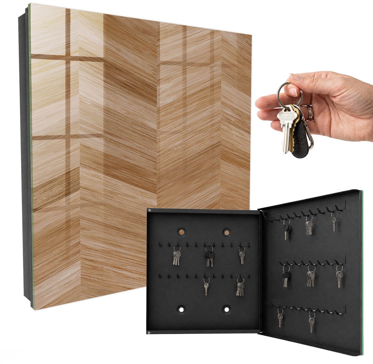 WallMuralia - Sleutelkast - 30x30x5 cm - met 50 haken - Houten Visgraatmotief Sleutelkastje Design - Bruin Sleutelbox - Rechtsopenend - Zwart interieur