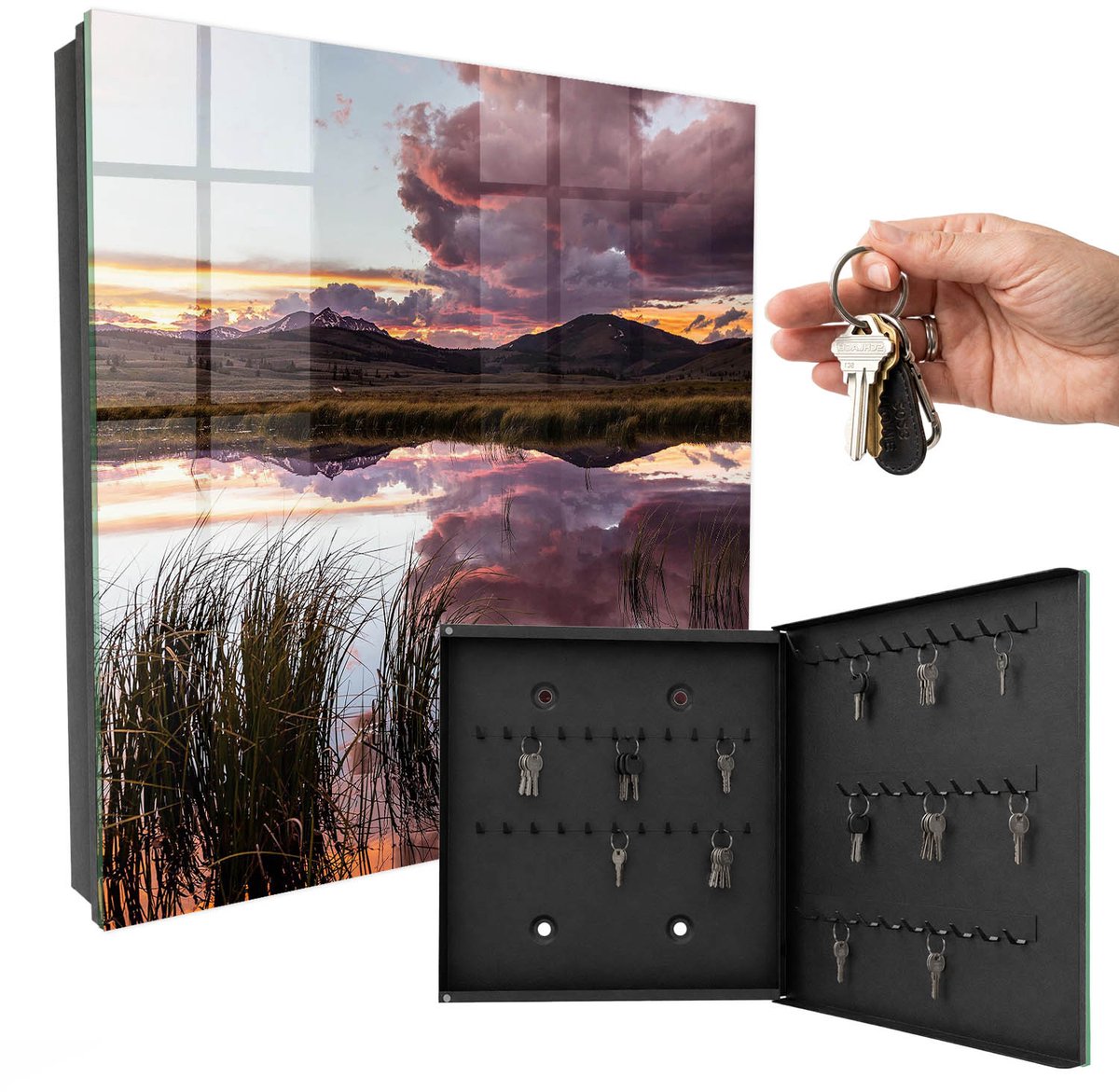 WallMuralia - Sleutelkast - 30x30x5 cm - met 50 haken - Bergachtig Westen Sleutelkastje Modern - Roze Sleutelbox - Rechtsopenend - Zwart interieur