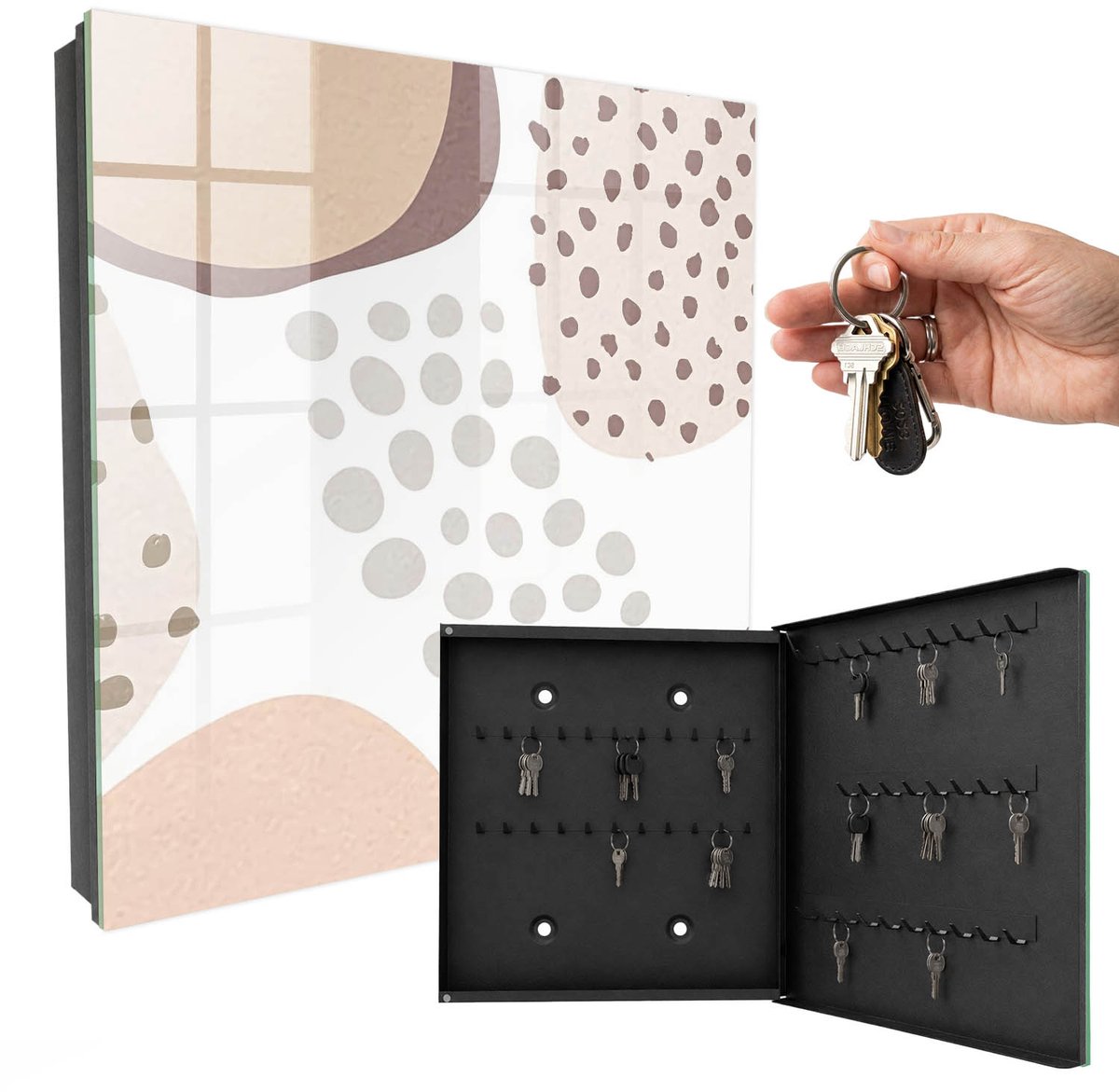 WallMuralia - Sleutelkast - 30x30x5 cm - met 50 haken - Organische Vormen Sleutelkastje Binnen - Beige Sleutelbox - Rechtsopenend - Zwart interieur