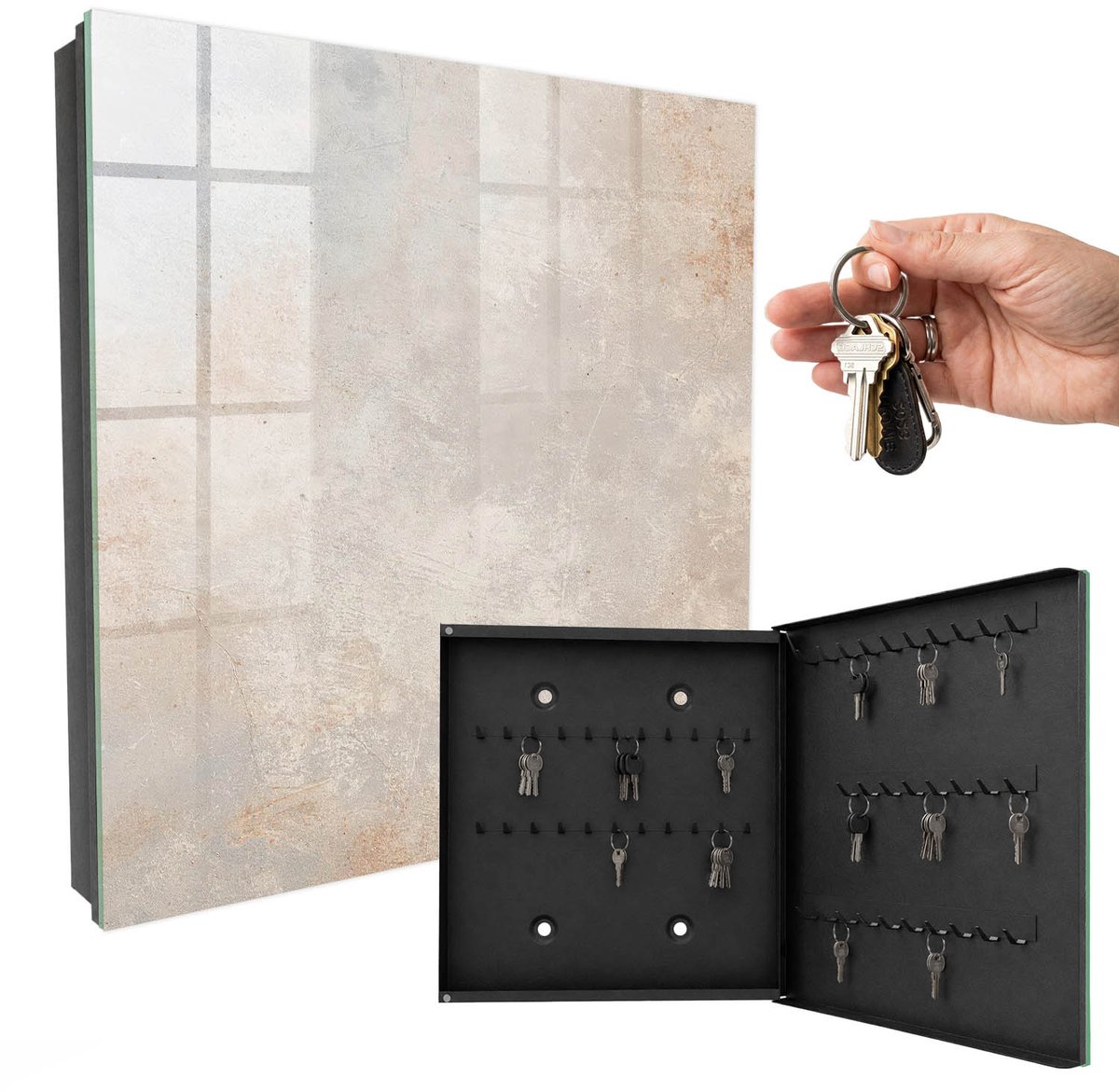 WallMuralia - Sleutelkast - 30x30x5 cm - met 50 haken - Rustieke Elegantie Sleutelkastje Muur - Beige Sleutelbox - Rechtsopenend - Zwart interieur