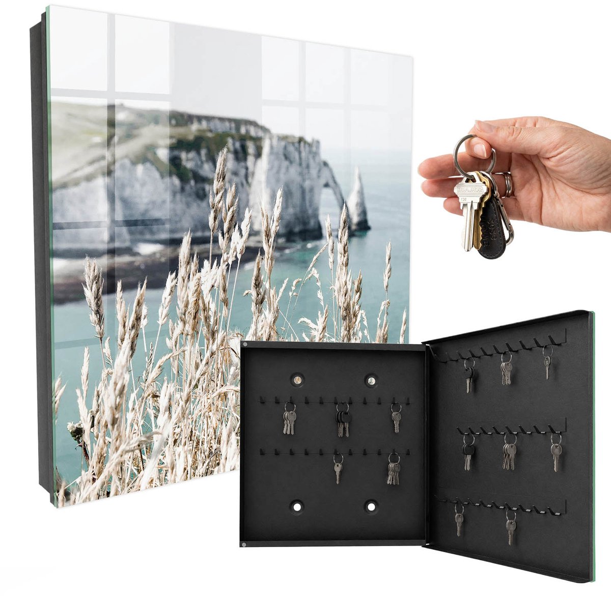 WallMuralia - Sleutelkast - 30x30x5 cm - met 50 haken - Kliffen En Graslanden Sleutelkastje Modern - Beige Sleutelbox - Rechtsopenend - Zwart interieur