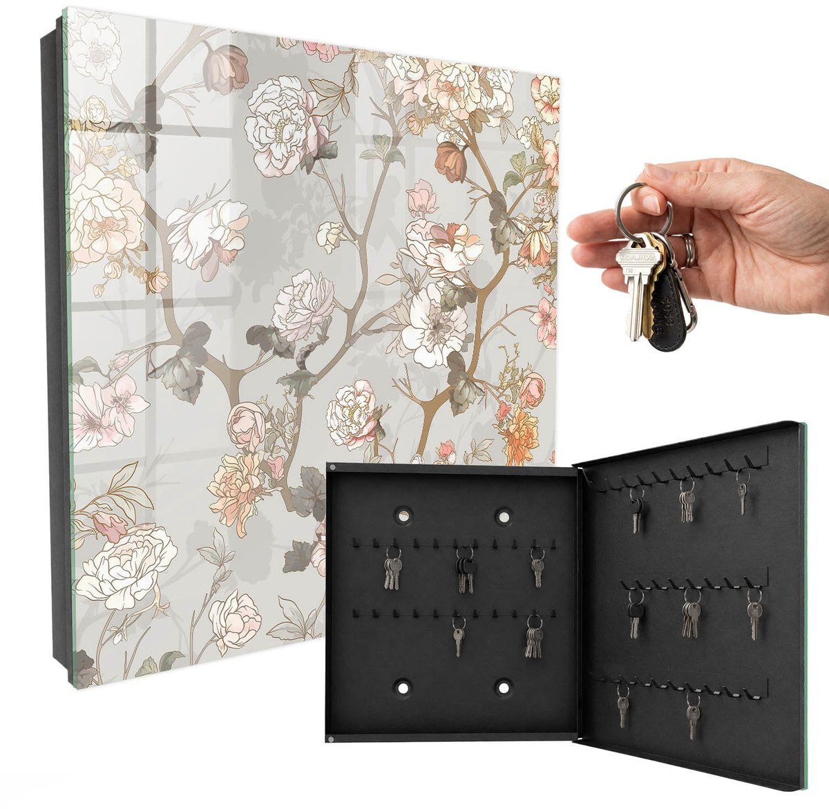 WallMuralia - Sleutelkast - 30x30x5 cm - met 50 haken - Bloemtakken Sleutelkastje Design - Beige Sleutelbox - Rechtsopenend - Zwart interieur